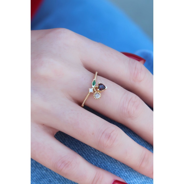 Gold Renk Kiraz Model Zirkon Taşlı Kadın Yüzük