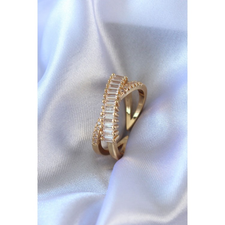 Gold Renk Zirkon Taşlı Pirinç Kadın Yüzük