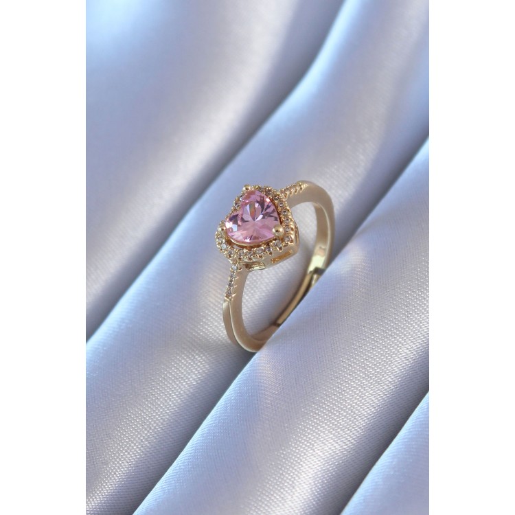 Gold Renk Zirkon Taşlı Kalp Model Pirinç Charm Kadın Yüzük