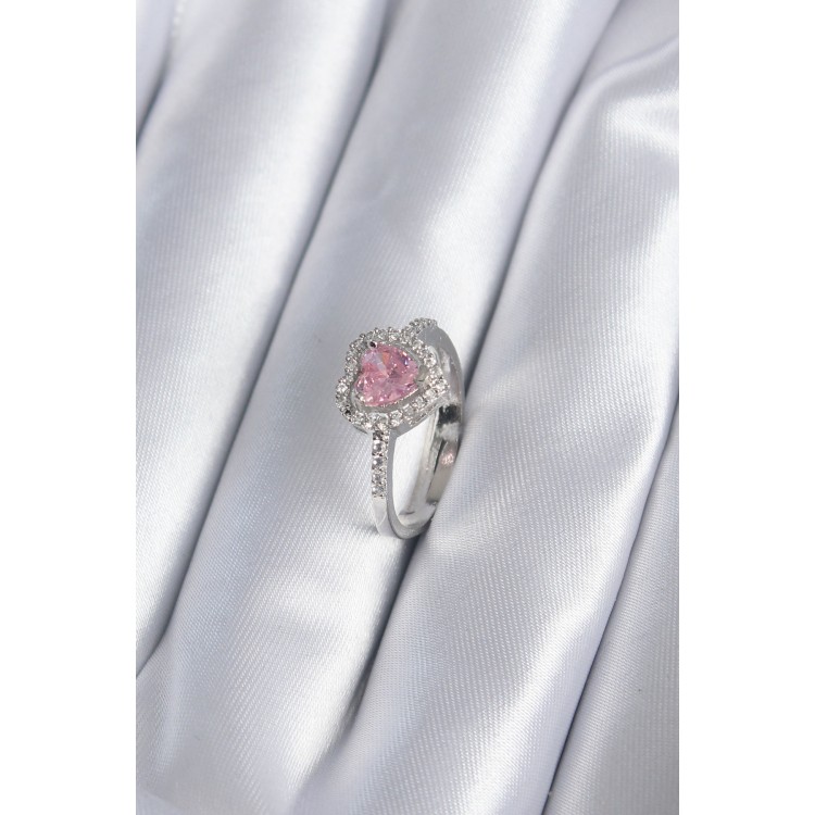 Pirinç Gümüş Renk Pembe Zirkon Taş Kalp Charm Model Kadın Yüzük