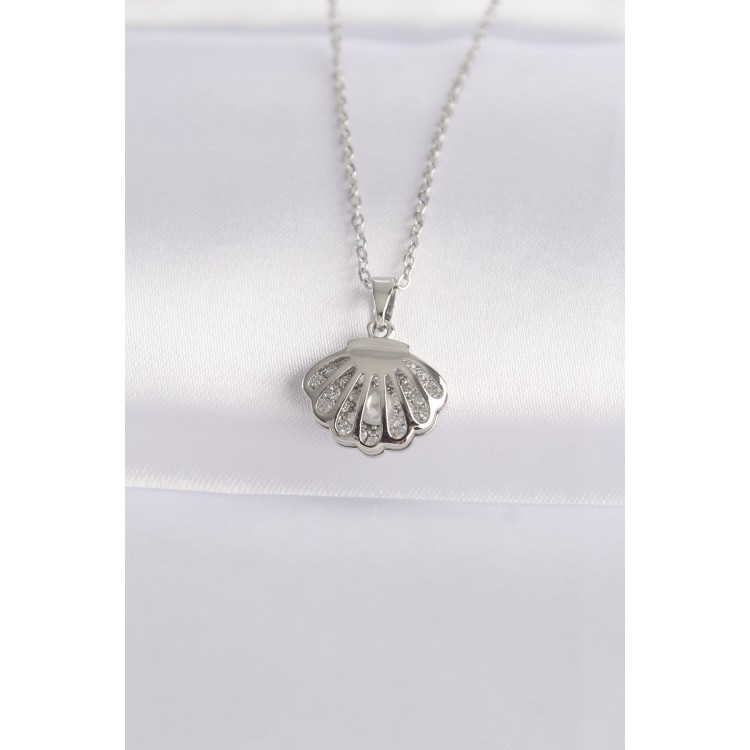 316L Çelik Zincir Gümüş Renk Zirkon Taşlı İnci Detay İstiridye Kolye