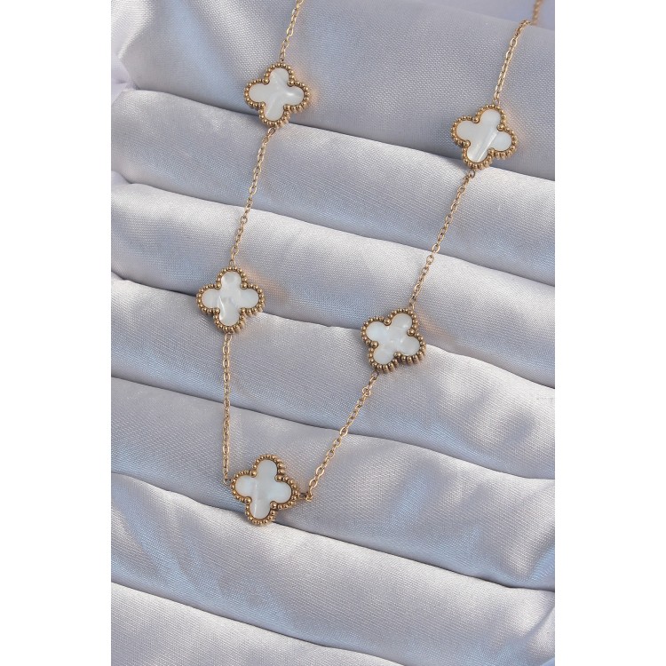 316L Çelik Gold Renk Beyaz Sedefli Yonca Kolye