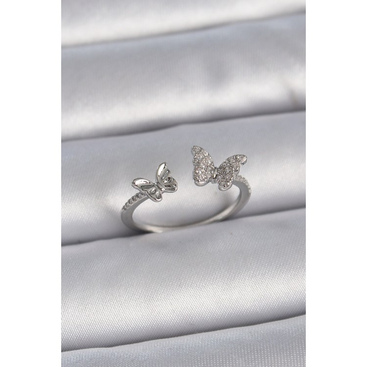 Pirinç Gümüş Renk Ayarlanabilir Zirkon Taşlı Kelebek Model Kadın Yüzük