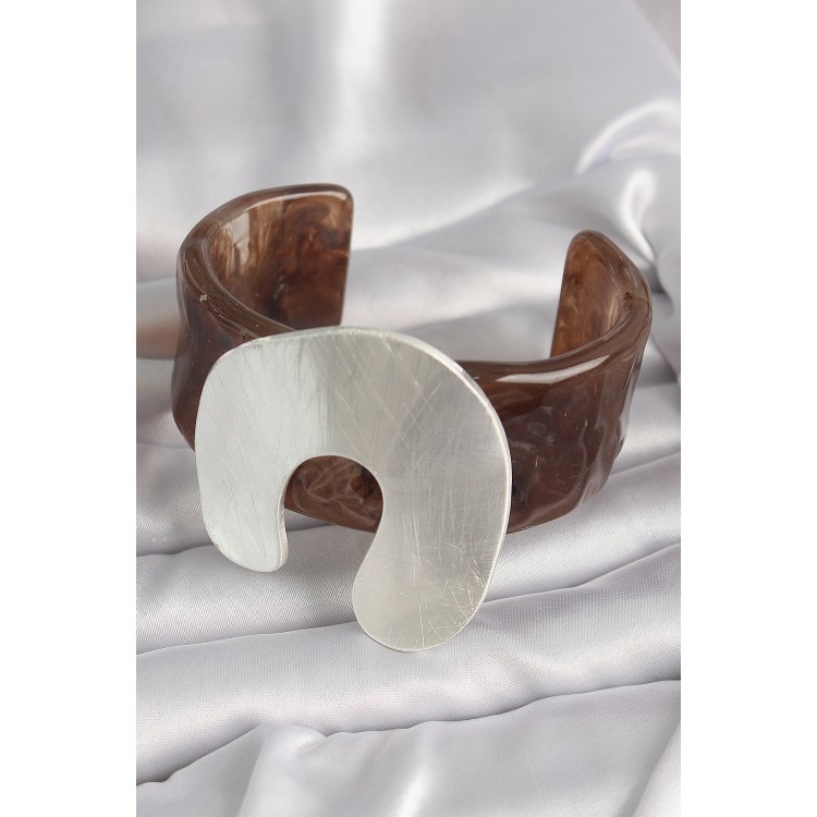 Kahverengi Mermer Desen Akrilik Plastik Gümüş Plaka Model Vintage Kadın Bilezik