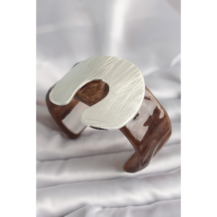 Kahverengi Mermer Desen Akrilik Plastik Gümüş Plaka Model Vintage Kadın Bilezik