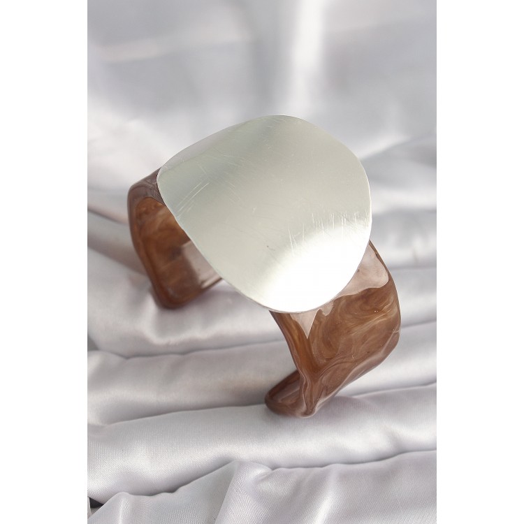 Kahverengi Mermer Desen Akrilik Plastik Gümüş Plaka Model Vintage Kadın Bilezik