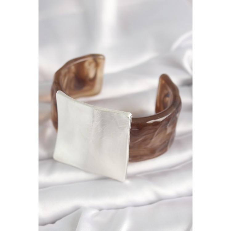 Kahverengi Mermer Desen Akrilik Plastik Gümüş Kare Plaka Model Vintage Kadın Bilezik