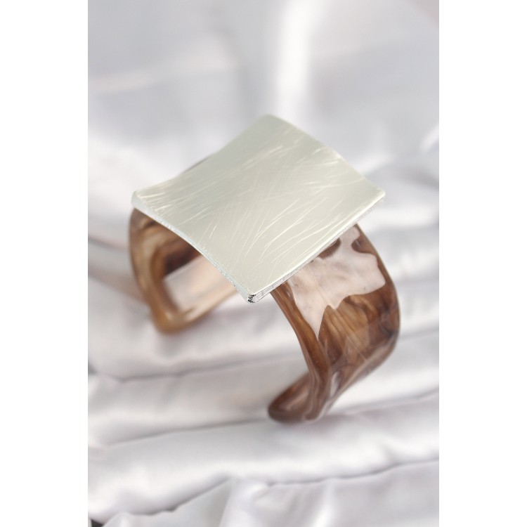 Kahverengi Mermer Desen Akrilik Plastik Gümüş Kare Plaka Model Vintage Kadın Bilezik