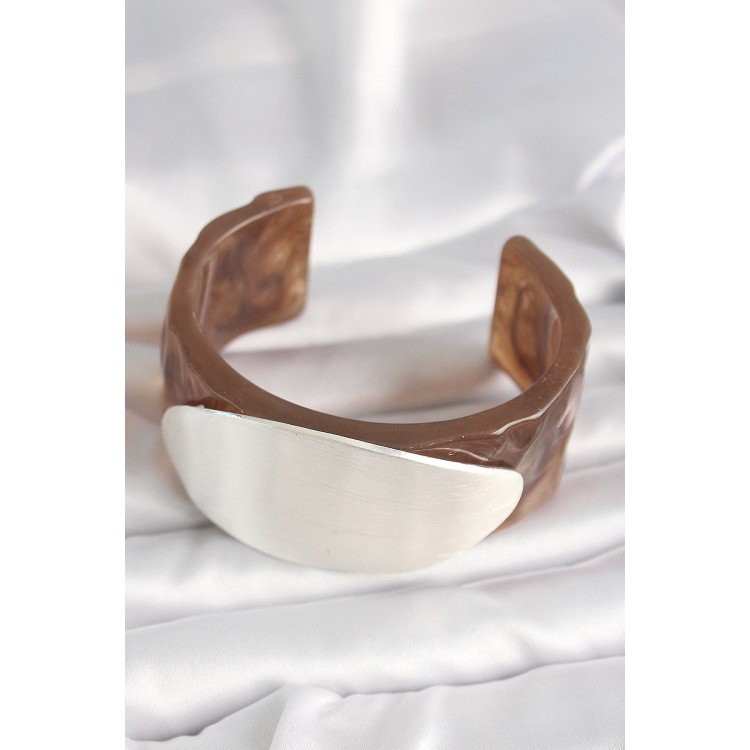 Kahverengi Mermer Desen Akrilik Plastik Gümüş Oval Plaka Model Vintage Kadın Bilezik