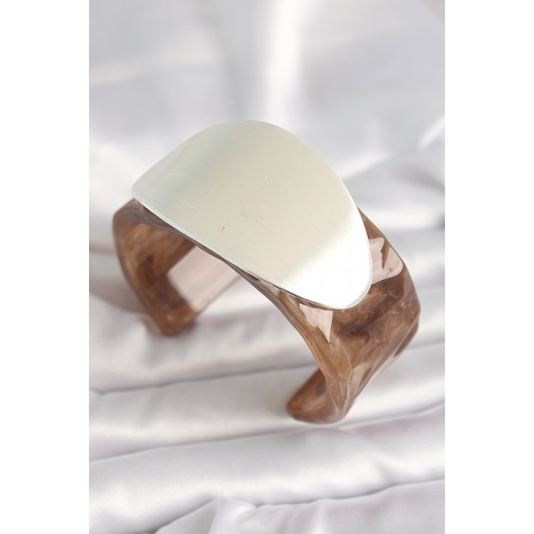 Kahverengi Mermer Desen Akrilik Plastik Gümüş Oval Plaka Model Vintage Kadın Bilezik