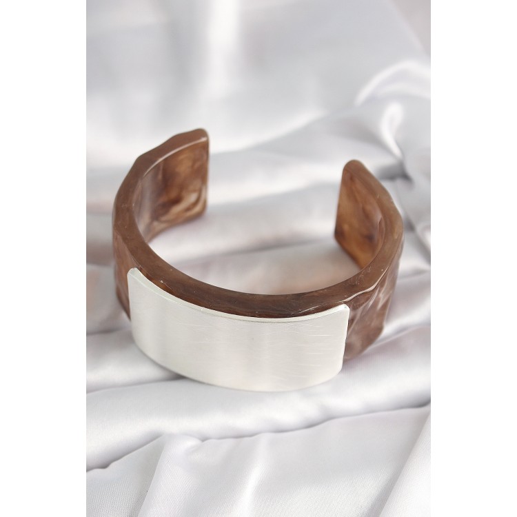 Kahverengi Mermer Desen Akrilik Plastik Gümüş Dikdörtgen Plaka Vintage Kadın Bilezik