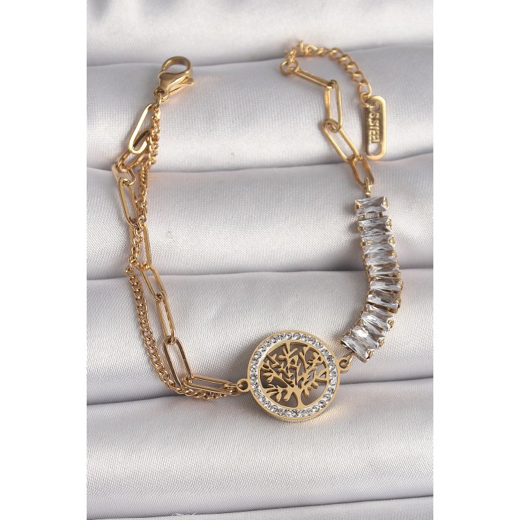 316L Çelik Gold Renk 2'Li Zincir Su Yolu Zirkon Taşlı Yaşam Ağacı Figür Kadın Bileklik