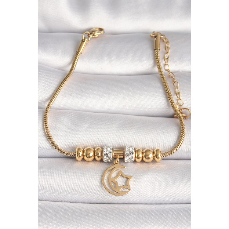 316L Çelik Gold Renk Tüp Zincir Zirkon Taş Detaylı Sallantı Ay Yıldız Figür Kadın Bileklik