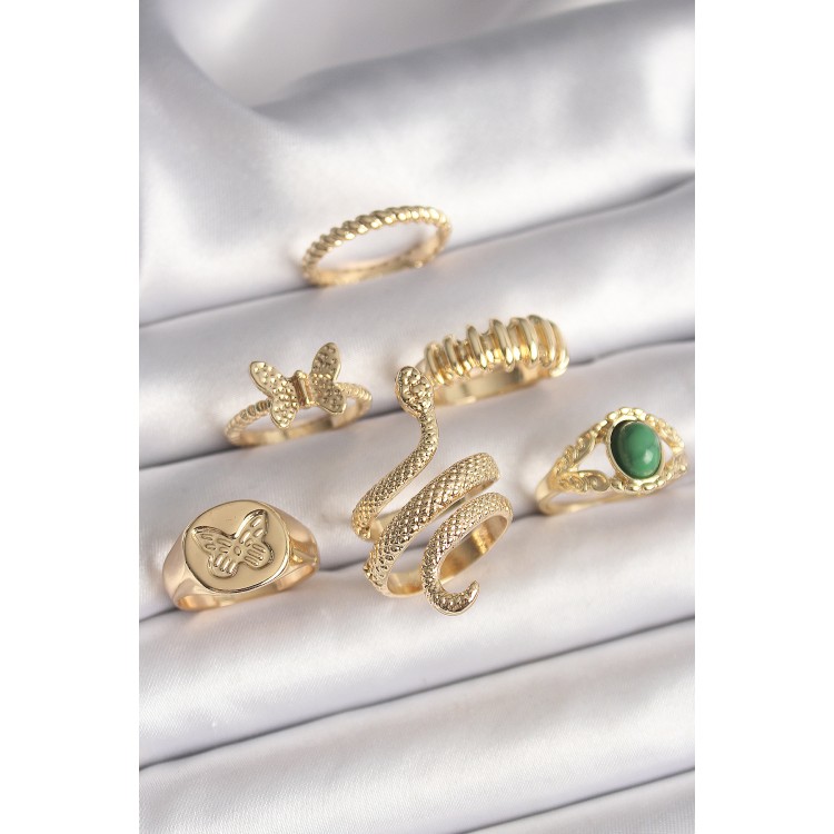 Pirinç Gold Renk İşlemeli Yılan Model Kelebek Detay 6'Lı Kadın Yüzük Seti