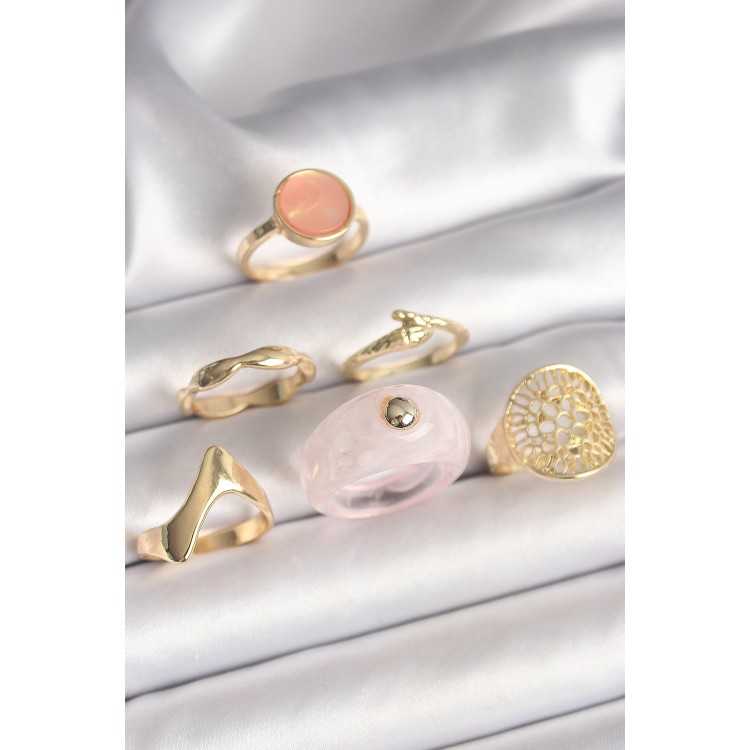 Pirinç Gold Renk Pembe Plastik Yüzük Model Daire Pembe Mine Yılan Detay 6'Lı Kadın Yüzük Seti