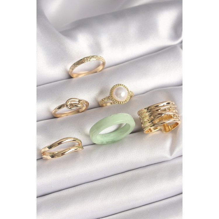 Pirinç Gold Renk Düğüm Model İncili İşlemeli Plaka Model 6'Lı Kadın Yüzük Seti