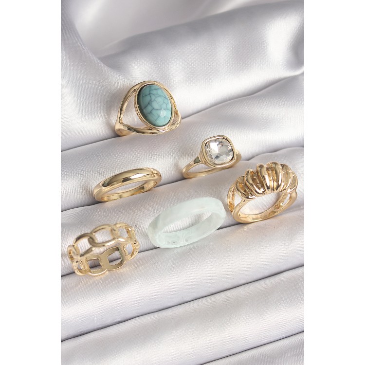 Pirinç Gold Renk Kare Zirkon Taşlı Sarmal Model Mavi Taş Detay 6'Lı Kadın Yüzük Seti