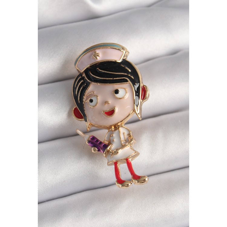 Pirinç Gold Renk Renkli Hemşire Model Kadın Broş