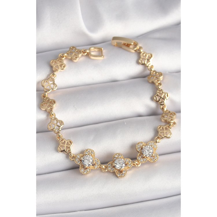 Pirinç Gold Renk Zirkon Taşlı Yonca Model Kadın Bileklik