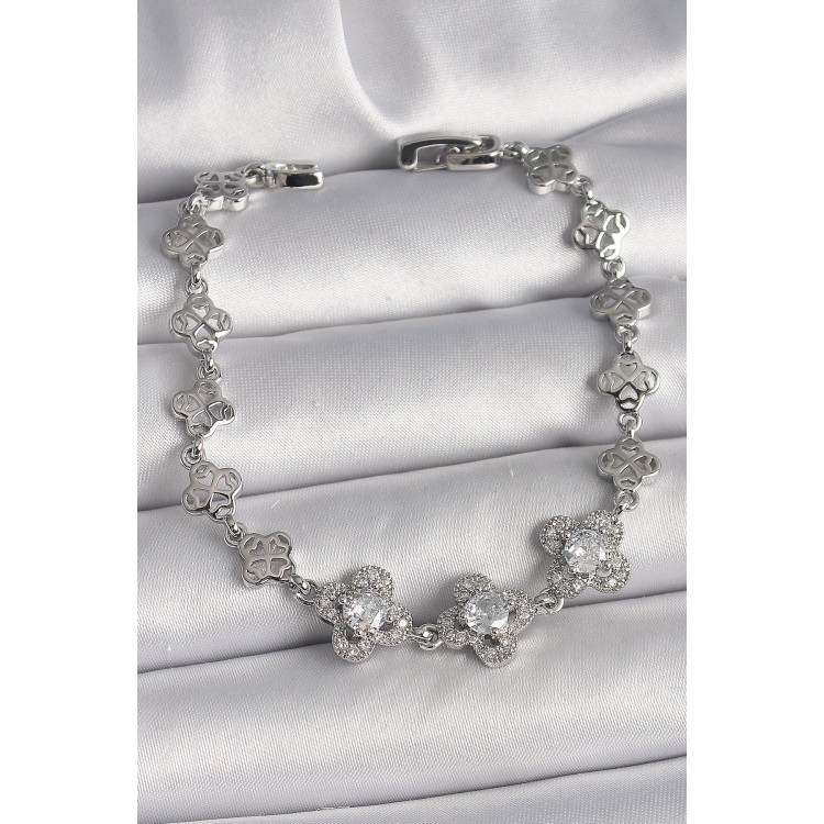 Pirinç Gümüş Renk Zirkon Taşlı Yonca Model Kadın Bileklik