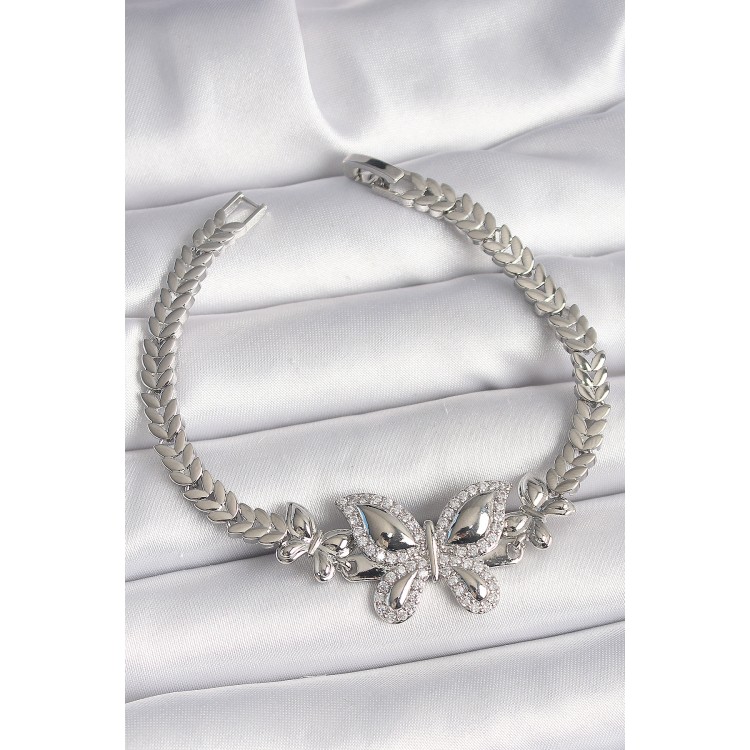 Pirinç Gümüş Renk Zirkon Taşlı Kelebek Model Kadın Bileklik