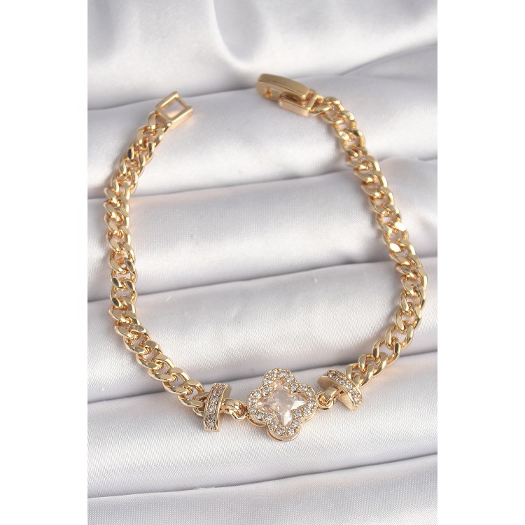 Pirinç Gold Renk Zirkon Taşlı Yonca Figür Zincir Model Kadın Bileklik