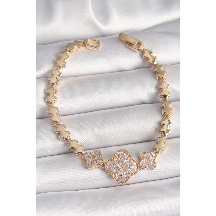 Pirinç Gold Renk Zirkon Taşlı Yonca Model Zincir Kadın Bileklik