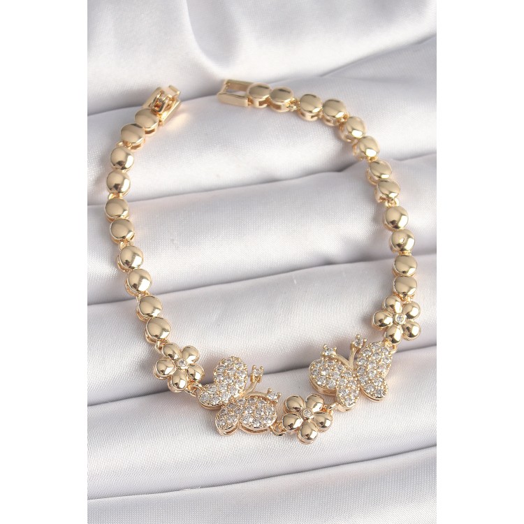 Pirinç Gold Renk Zirkon Taşlı Kelebek Figür Çiçek Zincir Model Kadın Bileklik