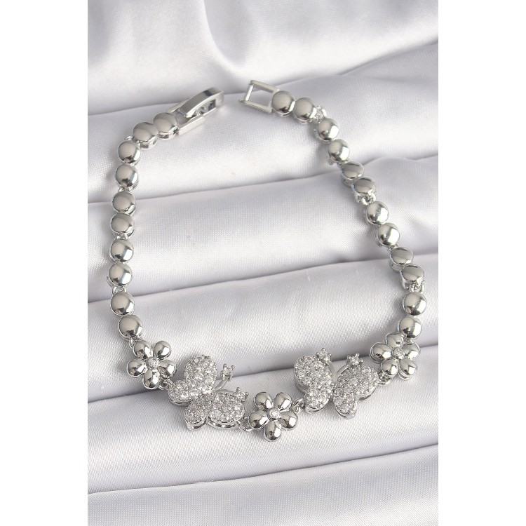 Pirinç Gümüş Renk Zirkon Taşlı Kelebek Figür Çiçek Zincir Model Kadın Bileklik