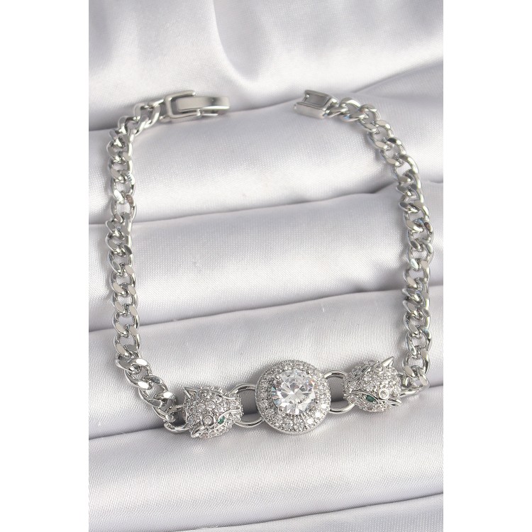 Pirinç Gümüş Renk Zirkon Taşlı Leopar Figür Zincir Model Kadın Bileklik