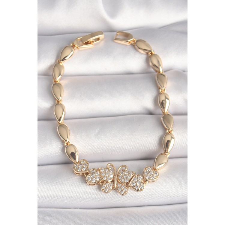 Pirinç Gold Renk Zirkon Taşlı Kelebek Figür Damla Zincir Model Kadın Bileklik