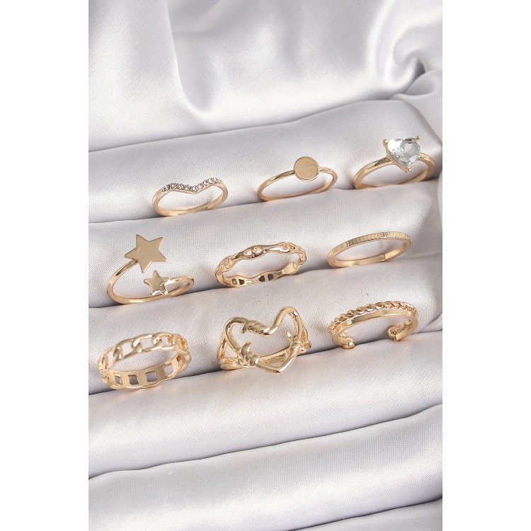 Pirinç Gold Renk Zirkon Taş Detaylı Kalp Yıldız Figür Kadın Yüzük Kombini
