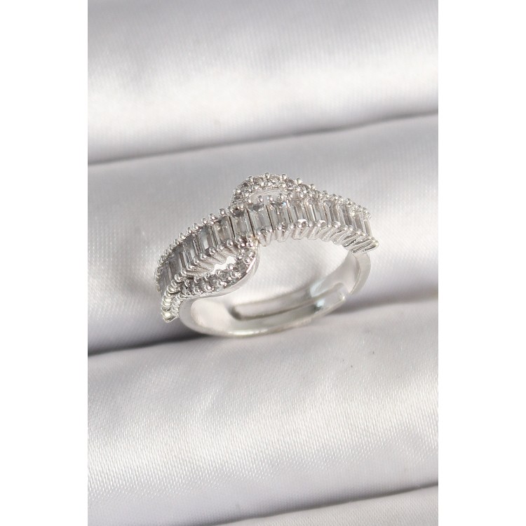 Pirinç Gümüş Renk Su Yolu Zirkon Taşlı Ayarlanabilir Model Kadın Yüzük