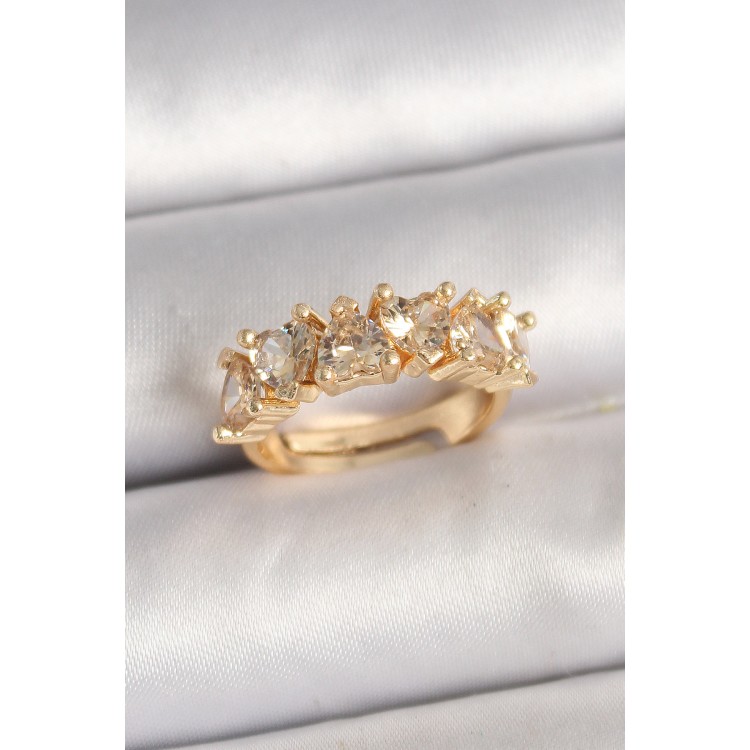 Pirinç Gold Renk Zirkon Taşlı Kalp Model Ayarlanbilir Kadın Yüzük