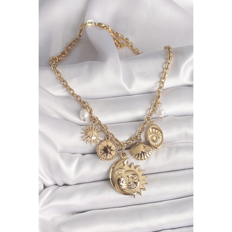 316L Çelik Gold Renk Ay Güneş Figür Deniz Kabuğu Detay Kadın Kolye