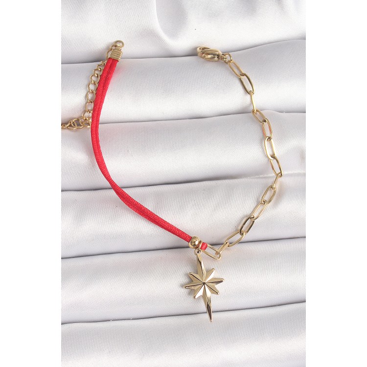 316L Çelik Gold Renk Zincir Kırmızı İp Model Sallantı Kutup Yıldız Figür Kadın Bileklik