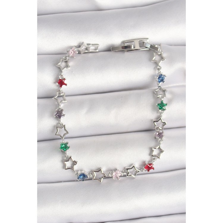 Pirinç Gümüş Renk Renkli Zirkon Taşlı Yıldız Model Kadın Bileklik