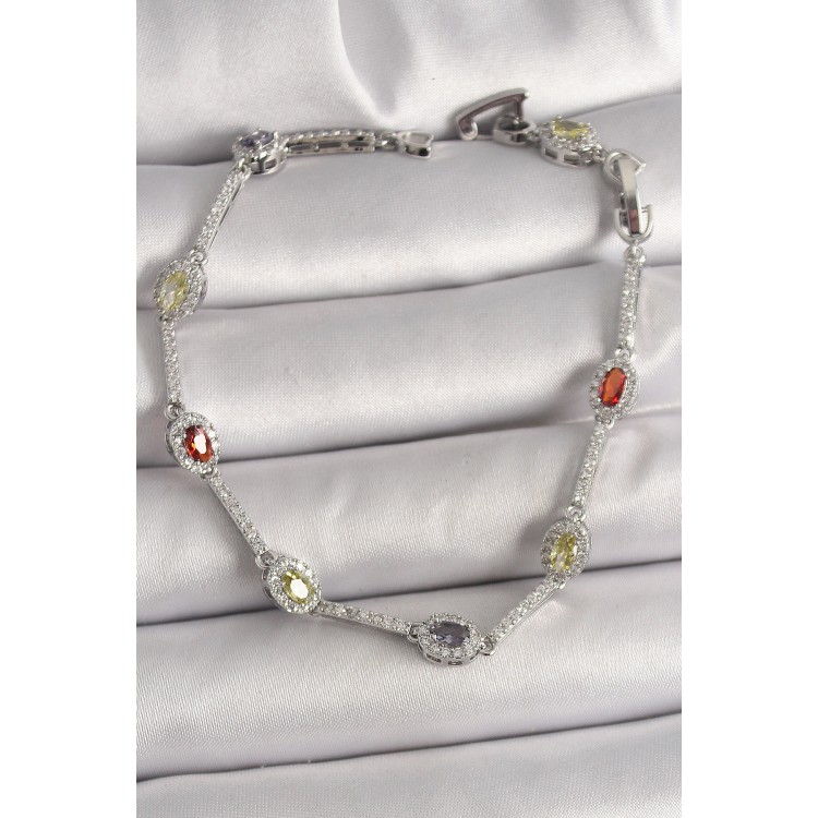 Pirinç Gümüş Renk Renkli Zirkon Taşlı Damla Taş Model Kadın Bileklik