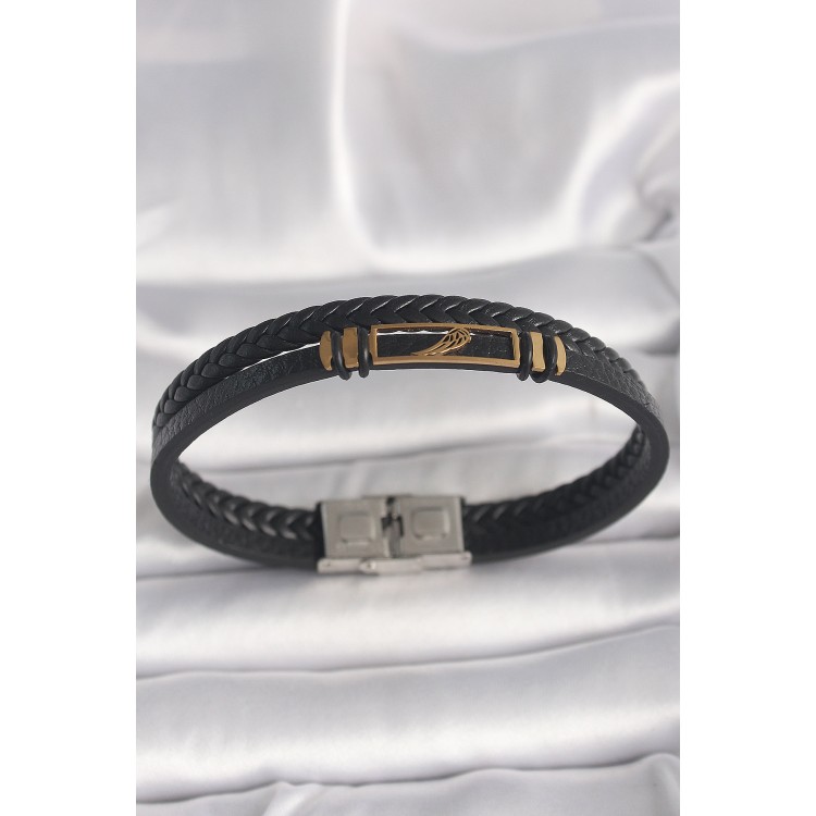 316L Çelik Gold Renk Kanat Aksesuarlı Siyah Burgu Model Deri Kordon Erkek Bileklik