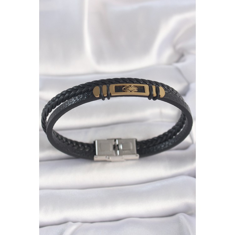 316L Çelik Gold Renk Örümcek Figür Çift Sıra Burgu Desenli Deri Kordon Erkek Bileklik