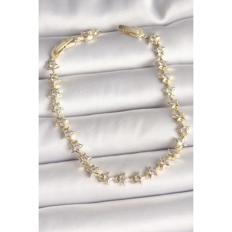 Pirinç Gold Renk Zirkon Taşlı Yıldız Model VIP Seri Kadın Bileklik