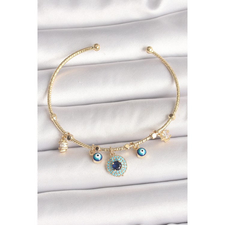 Pirinç Gold Renk Zirkon Taşlı Nazar Boncuk Detay Charm Kadın Bileklik