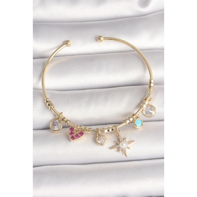 Pirinç Gold Renk Zirkon Taşlı Sallantı Kutup Yıldız Figür İnci Detay Charm Kadın Bileklik