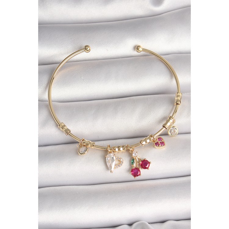 Pirinç Gold Renk Sallantı Kırmızı Zirkon Taşlı Kiraz Figür Charm Kadın Bileklik