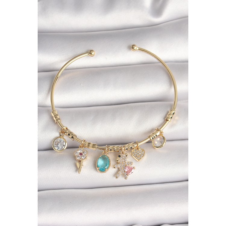 Pirinç Gold Renk Sallantı Zirkon Taşlı AYıcık Figür Kalp Detay Charm Kadın Bileklik