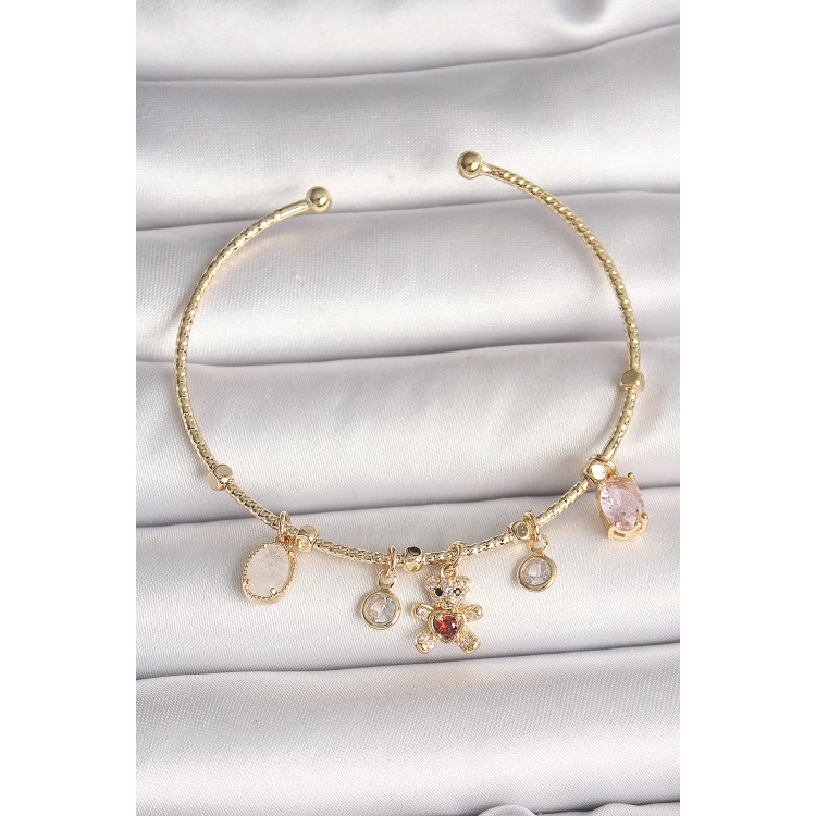 Pirinç Gold Renk Sallantı Zirkon Taşlı Ayıcık Figür Kırmızı Kalp Detay Charm Kadın Bileklik