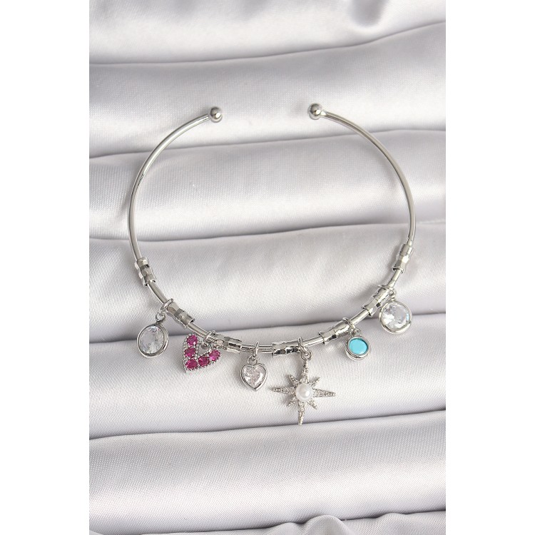 Pirinç Gümüş Renk Sallantı Zirkon Taşlı Kutup Yıldız Figür Kalp Detay Charm Kadın Bileklik
