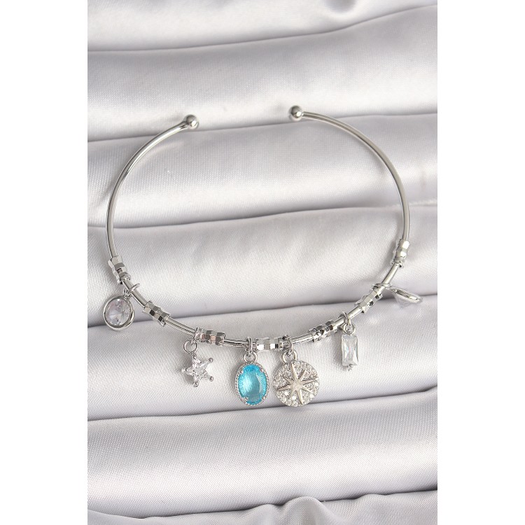 Pirinç Gümüş Renk Sallantı Pusula Figür Kalp Detay Charm Kadın Bileklik