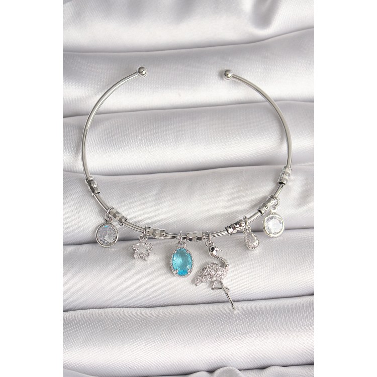 Pirinç Gümüş Renk Sallantı Zirkon Taşlı Filaminga Figür Charm Kadın Bileklik