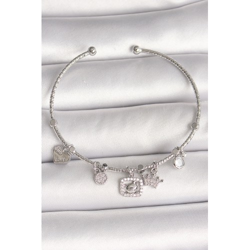 Pirinç Gümüş Renk Sallantı Zirkon Taşlı Ayıcık Figür Taç Detay Charm Kadın Bileklik